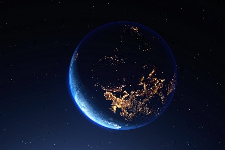 Earth planet viewed from space at night showing the lights of Europe  and other countries, 3d render of planet Earth, elements of this image provided by NASA