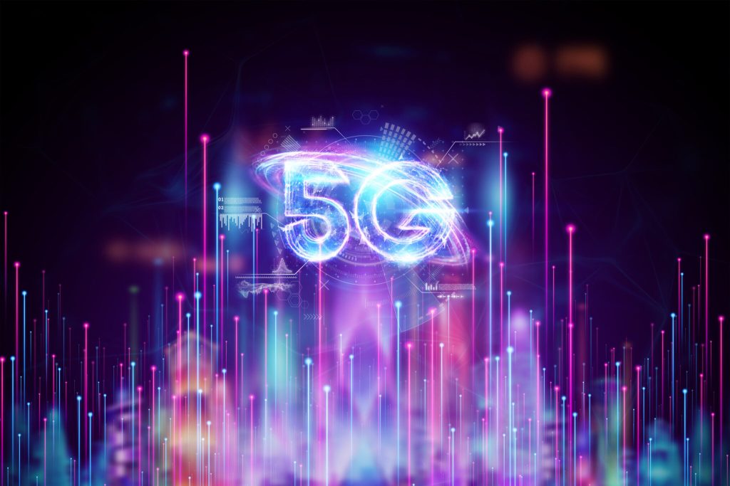 Hologram 5G creative mobile technology background. 5G network concept, high speed mobile internet, new generation networks. Mixed media. 3D render, 3D illustration.