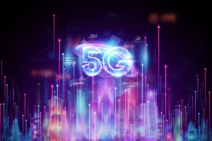 Hologram 5G creative mobile technology background. 5G network concept, high speed mobile internet, new generation networks. Mixed media. 3D render, 3D illustration.